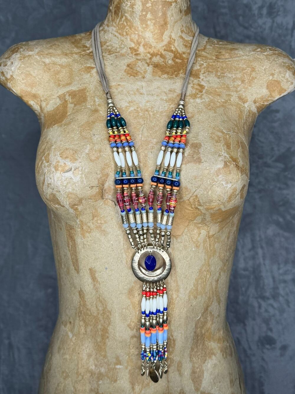 Chicos Necklace Mixed Beaded Gold Tone Chunky Long Statement Boho Tribal